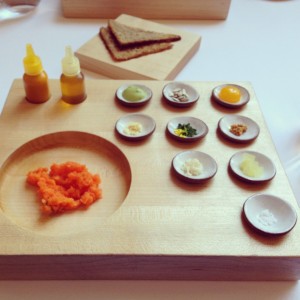 Seventh course at Eleven Madison Park: Carrot (Tartare with Rye Bread and Condiments)