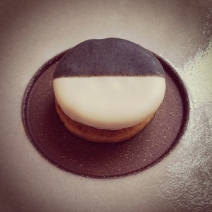 First course at Eleven Madison Park: Cheddar (Savory Black and White Cookie with Apple)