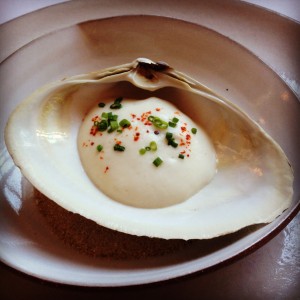 Fifth course at Eleven Madison Park: Clam (Surf Clam with Morcilla Sausage and Celery Root)