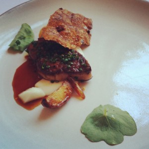 Sixth course at Eleven Madison Park: Foie Gras (Seared with Sunchoke, Dates, and Water Chestnut)