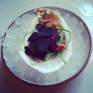 Second course at Eleven Madison Park: Oyster (Wood Sorrel, Buckwheat, and Mignonette)